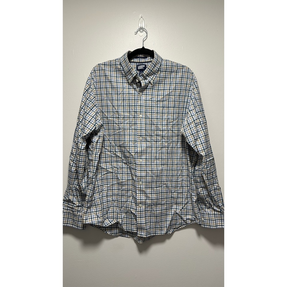 Lands End Mens Blue Tan Plaid No Iron Twill Button Down Shirt Traditional Fit L